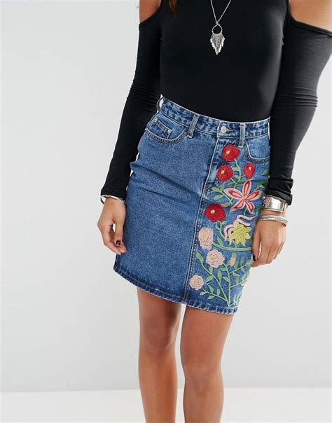 Glamorous Denim Skirt With Floral Embroidery Denim Skirt Skirts Denim