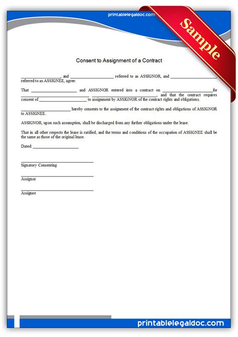 Normally, form of contract is a standard document or just like a standard guidelines. Free Printable Consent To Assignment Of A Contract Form ...