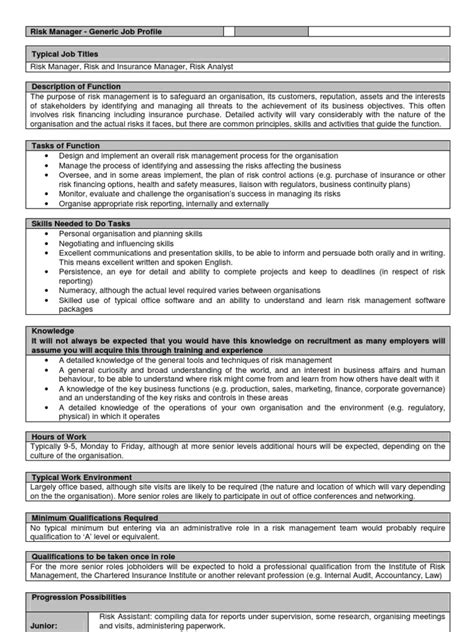 This risk manager job description template is optimized for posting to online job boards or careers pages and easy to customize for your company. Generic Risk Manager Job Profile | Risk Management | Risk