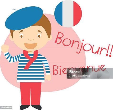 Cartoon Character Saying Hello And Welcome In French Stock Illustration