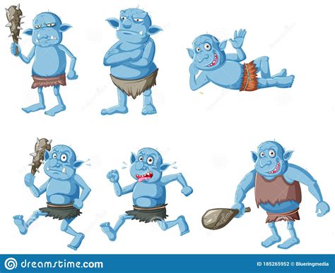Set Of Blue Goblin Or Troll In Different Poses In Cartoon Character
