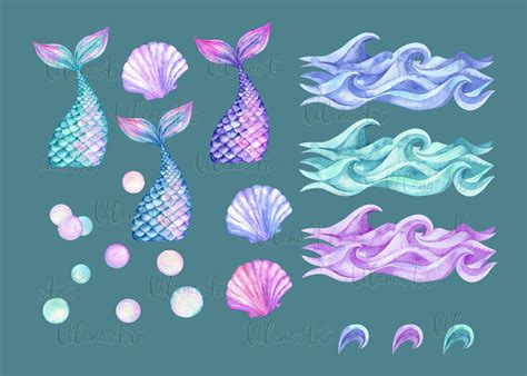 Watercolor Mermaid Tails Clipart Shells Waves Clip Art Tail Girl By Vilenaart Thehungryjpeg