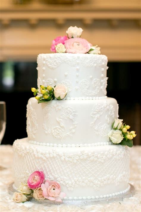 Ornate Three Tier White Wedding Cake