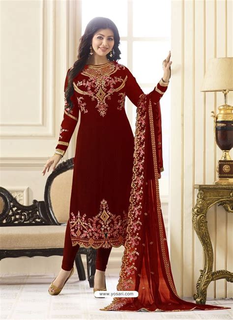 Phenomenal Red Embroidered Georgett Designer Churidar Suit Salwar Suits