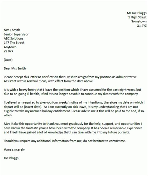 resignation letter due  health resignition letter