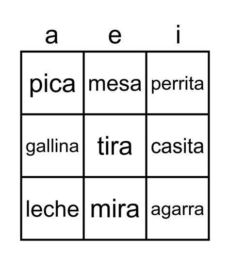 Palabras Con Silabas De A E I Bingo Card