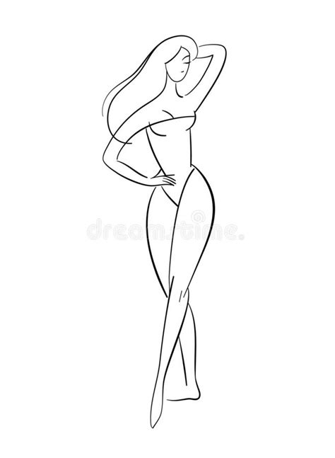 Line Art Fashion Sketch Of Woman In Swimsuit Elegant Model Pose Beautiful Nude Girl Posing