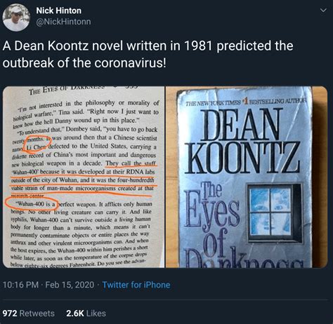 The eyes of darkness is a thriller novel by american writer dean koontz, released in 1981. Was Coronavirus Predicted in a 1981 Dean Koontz Novel?