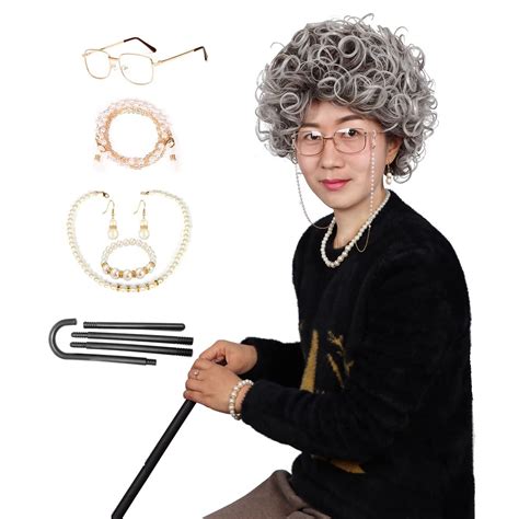 Amazon Com Colorground Old Lady Wig Set Gray Curly Cosplay Wig And Granny Crutch Glass Eyeglass