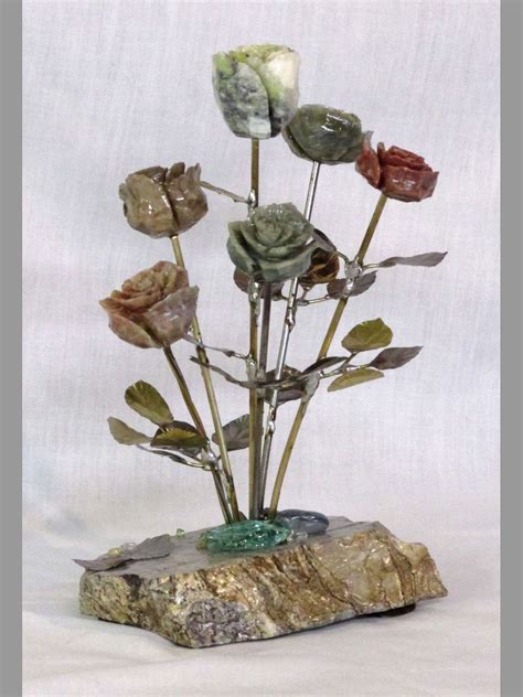 Stone Flower Sculpture Half Dozen W Gemstones Orig Art For Christmas By