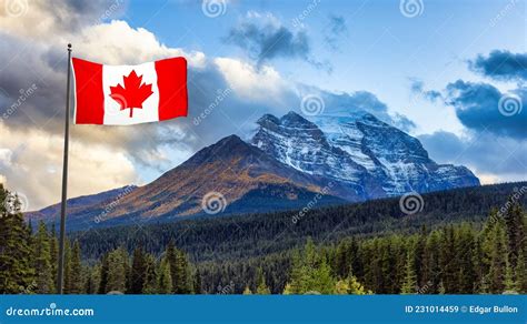 Canadian National Flag Composite With Rocky Mountain Landscape In