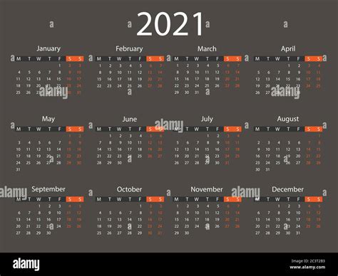 2021 Calendar Week Starts Monday Vector Illustration Flat Design