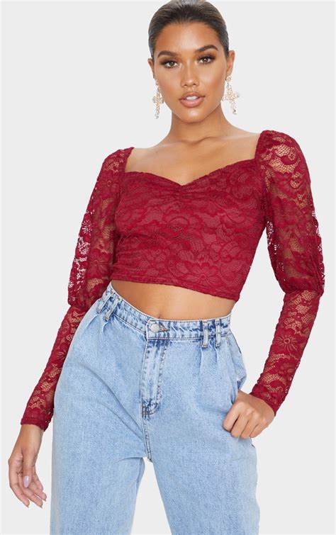 Scarlet Lace Puff Sleeve Crop Top Tops Prettylittlething