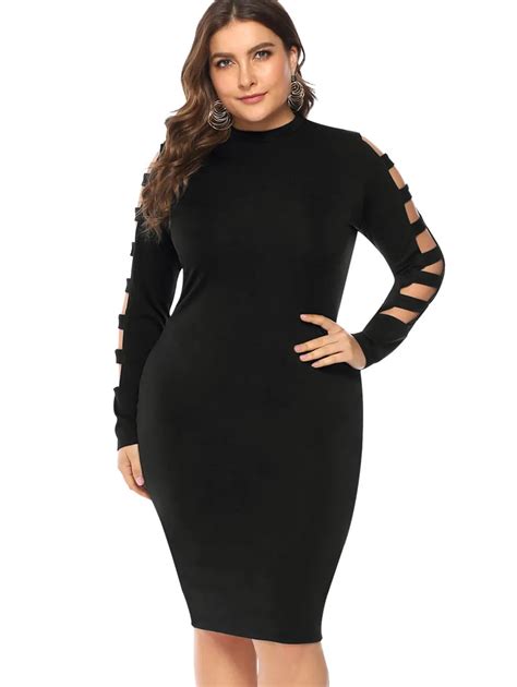 Wipalo Plus Size Ladder Sleeve Bodycon Dress Turtleneck Long Sleeves Knee Length Casual Solid