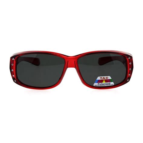 Polarized 56mm Rhinestone Trim Translucent Plastic Rectangular Fit Over Sunglasses Red