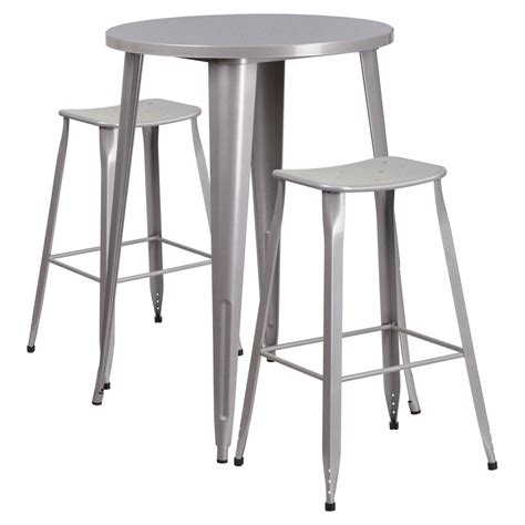 Flash Furniture 30 Round Silver Metal Indoor Outdoor Bar Table Set