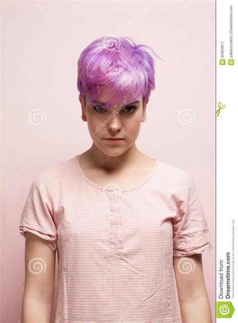 Violet Short Haired Woman In Pink Pastel Indoors Stock Image Image