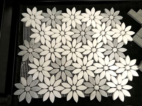 Flower Daisy Mosaic Of Polished Marble Tiles Mesh Mount Sheet