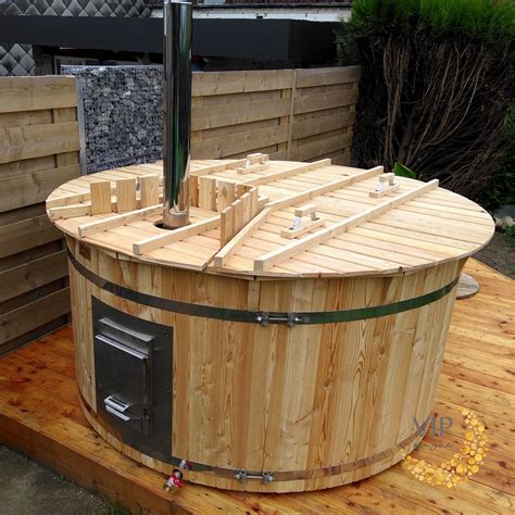 Round Hot Tub From Spruce Internal Stove With External Furnace On The