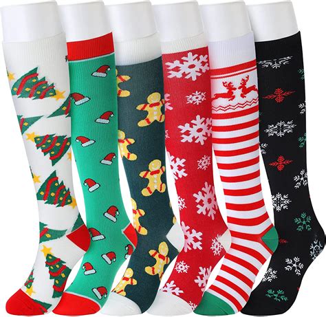6 Pairs Christmas Socks Colorful Patterned Winter Compression Socks