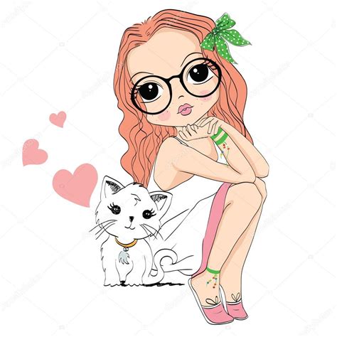 Cute Girl With Cat — Stock Vector © 125170556