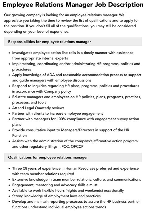 Employee Relations Manager Job Description Velvet Jobs