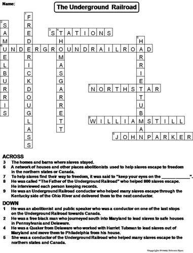 The Underground Railroad Crossword Puzzle Teaching Resources
