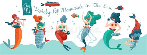 Sea Banner With Mermaids Fish Tails And Seaweeds Flat Vector