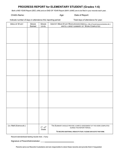 Progress Report For Elementary Student Template Grades 1 6 Fill Out