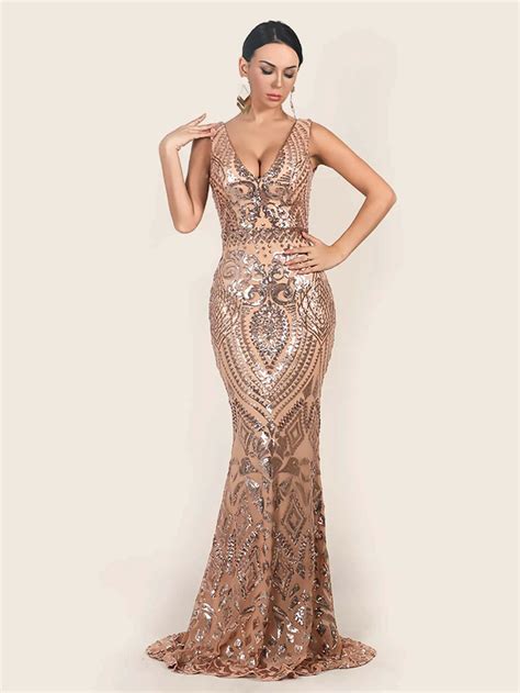 Plunging Neck Fishtail Sequin Prom Dress Shein Usa Evening Dresses
