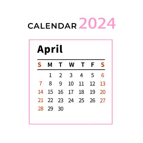 April 2024 Calendar Simple Pink April Calendar Monthly Png And