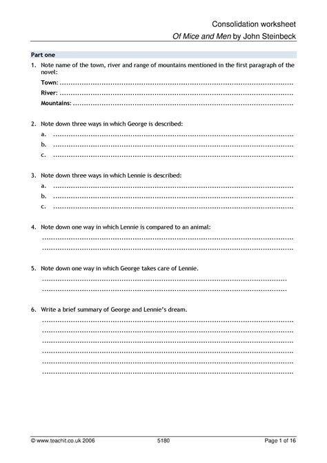 Consolidation Worksheets Of Mice And Men Ks3 4 English Teachit