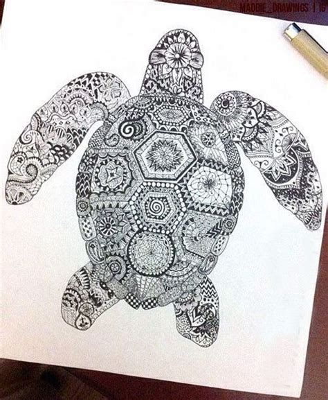 A Drawing Of A Turtle With Intricate Patterns On It S Back And Head