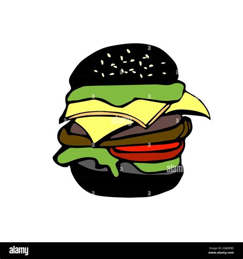Black Hamburger Illustration In Cartoon Style Isolated On White Stock