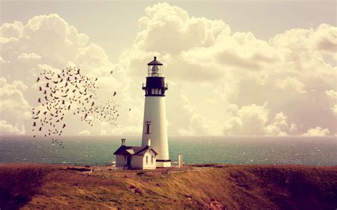 Sea Lighthouse Rock Sunset Nature Hd Wallpaper