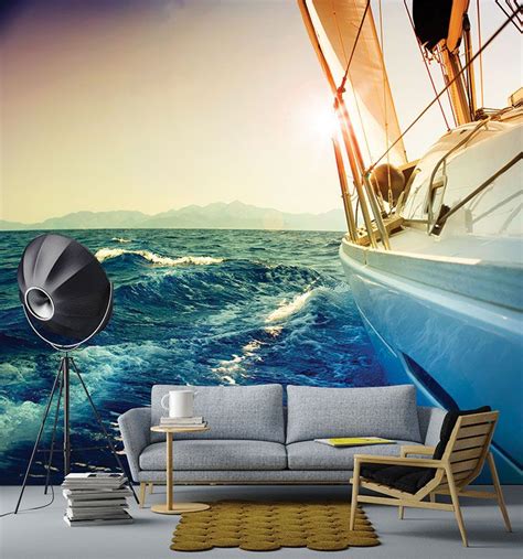 Sailing Boat Lies To The Left At Sea White Yacht Wall Mural Mr3034