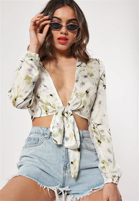 White Floral Tie Front Crop Top Missguided