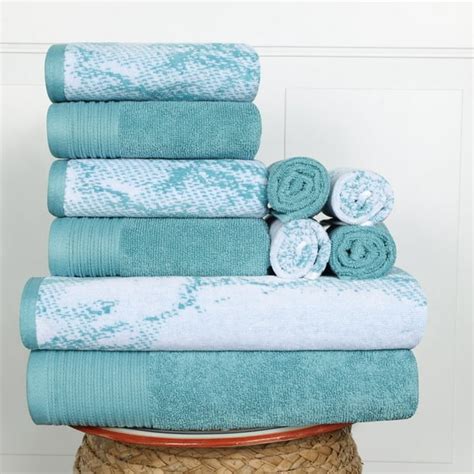 Cotton Highly Absorbent 10 Piece Solid And Marble Effect Cyan Towel Set