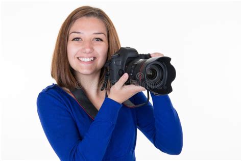 Woman Photographer Covering Face With DSLR Camera Stock Image Image Of Pretty Camera