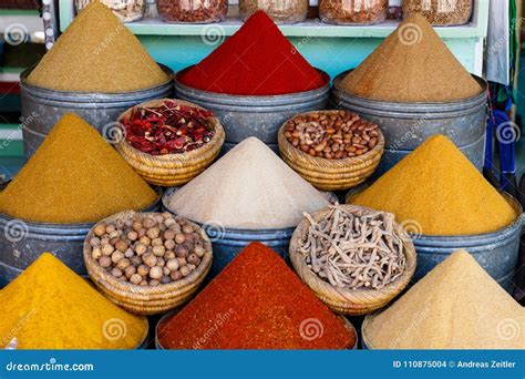 Selection Of Spices On A Traditional Moroccan Market Souk In Marrakech