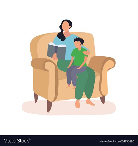 Mother And Son Sitting In A Chair Reading A Book Vector Image