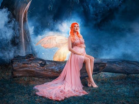 Fantasy Art Portrait Red Haired Woman Fairy Sits On Log Creative