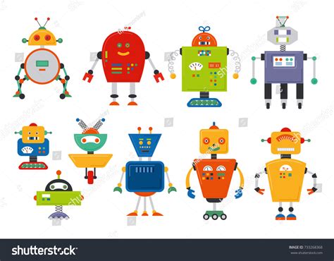 Set Cute Vintage Cartoon Robots เวกเตอร์สต็อก ปลอดค่าลิขสิทธิ์