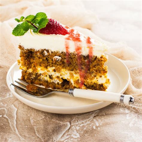 Carrot Cake With Strawberry Sauce Stock Photo Image Of Mint