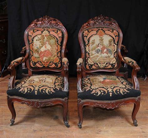 What could possibly be frightening about that? Set 4 Antique Woven Arm Chairs Seats Mahogany Tapestry Fauteil