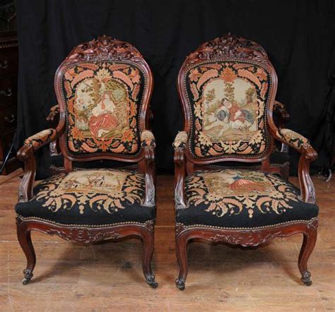 Fine antique chairs , singles, arm chairs, easy chairs, elbow chairs, pairs, sets, suites from the georgian, victorian and edwardian periods. Set 4 Antique Woven Arm Chairs Seats Mahogany Tapestry Fauteil