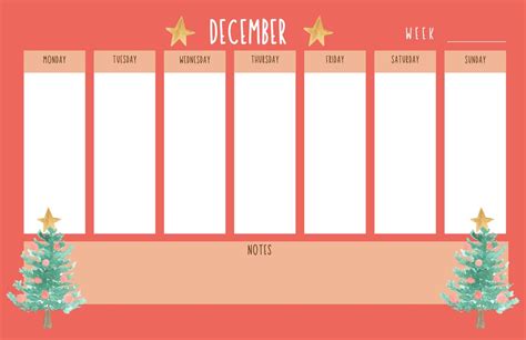 December Blank Weekly Calendar Christmas Trees Weekly Etsy