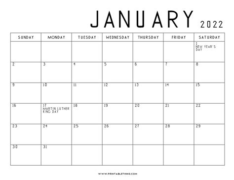 Printable January 2022 Calendar With Holidays Word Pdf January 2022