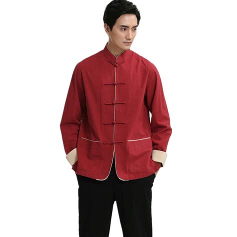 New Red Men Casual Fit Mandarin Collar Cotton Linen Shirt Chinese Kung