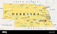 Nebraska, NE, political map with the capital Lincoln and the largest ...